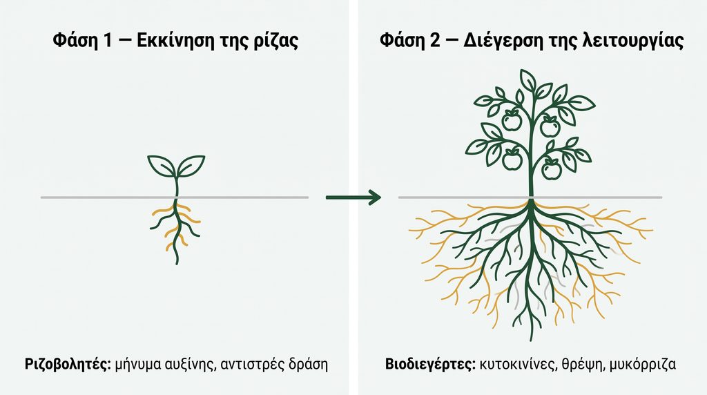Διάγραμμα με τις δύο φάσεις θρέψης της ρίζας, εκκίνηση και διέγερση λειτουργίας